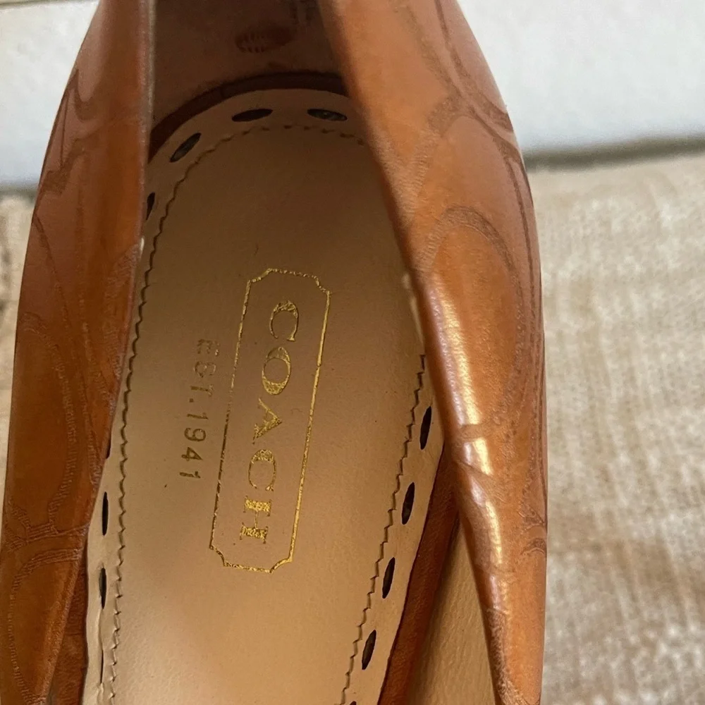 Coach C Logo Basil Veg Leather Whiskey Platform Heels Size 8.5